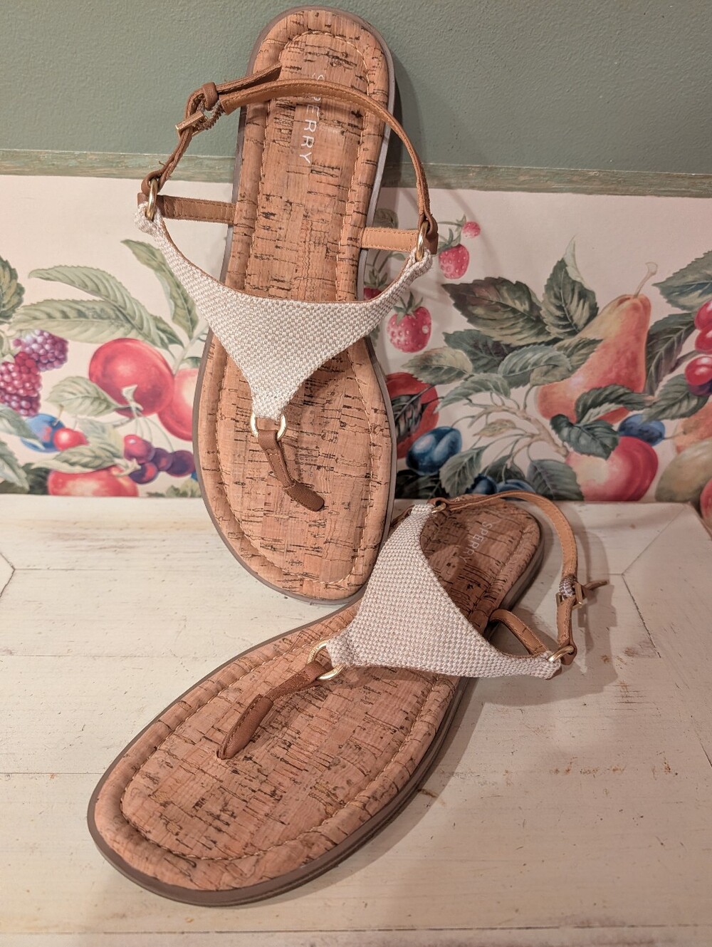 Women's Sperry Riva T-Bar Leather Strap Thong Sandals w/ Gold Hardware Sz 9